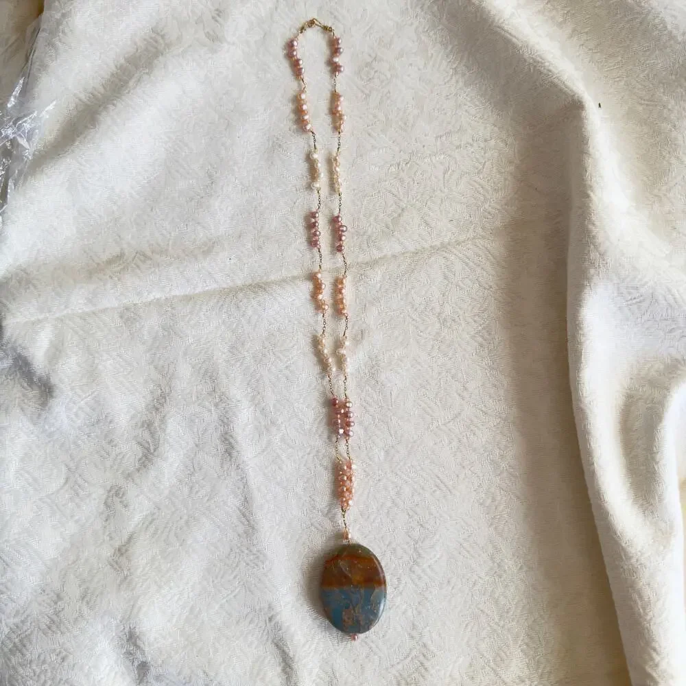 26” Fresh Water Pearls Copper Wire Ocean Jasper Necklace Estate Find Pink Gray